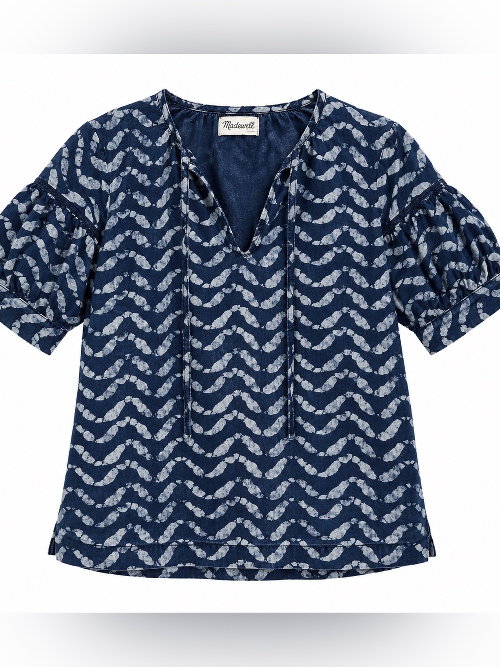 Madewell Indigo Blue Wave Print Cotton Puff Sleeve Tie Neck Top XS